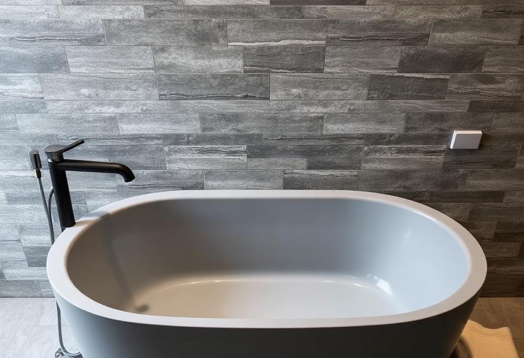 Modern soaking tub against a stone-pattern acrylic wall surround