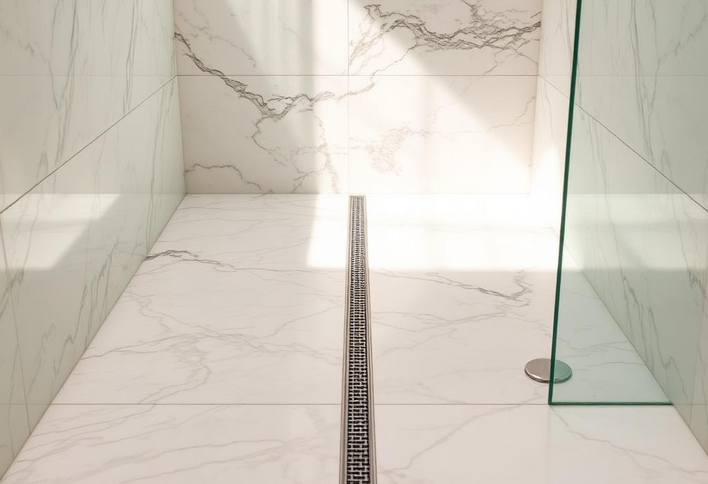 Marble-pattern acrylic walk-in shower floor with linear drain
